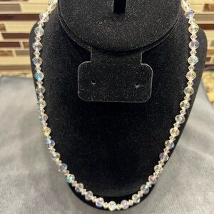 Vintage Aurora Borealis Plastic Bead Necklace-21” Long-Iridescent Faceted Beads